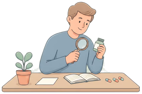 Illustration of a man carefully examining a supplement bottle through a magnifying glass