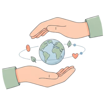 Illustration of two hands holding a small globe orbited by supplement capsules and a leaf
