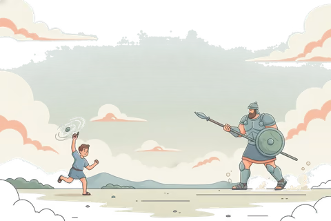 Illustration of a small shepherd boy David slinging a stone toward the towering giant Goliath