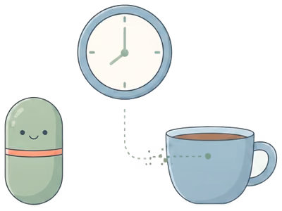 Illustration of an iron capsule and a coffee cup with a fading dotted line between them