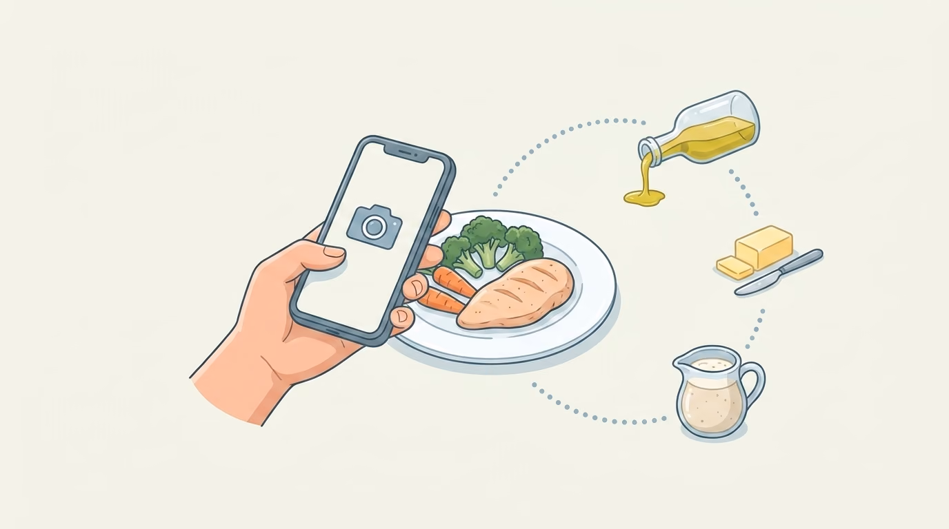 Flat illustration of a phone photographing a plated meal, with the oil and butter used in cooking shown separately beside it