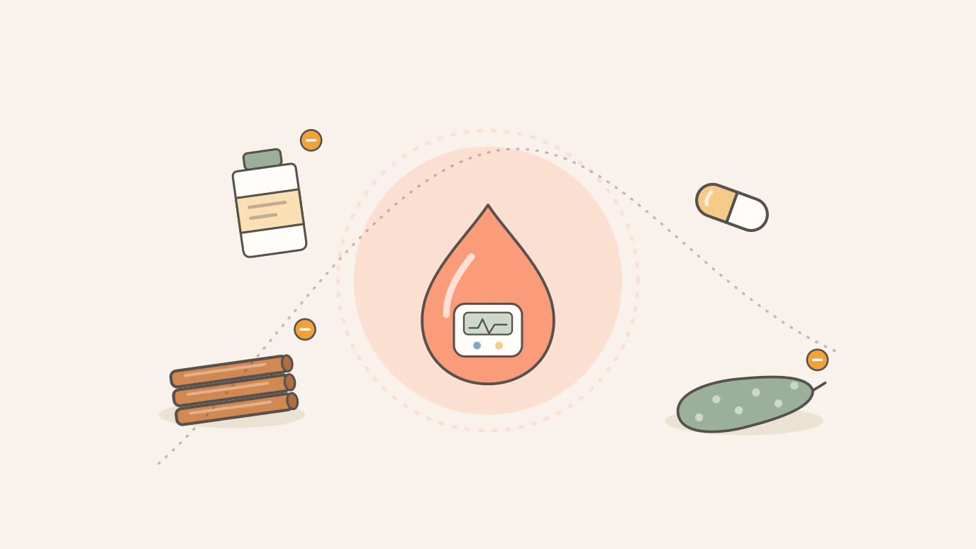 Flat illustration of a blood sugar drop with a meter, surrounded by cinnamon sticks, a bitter melon, a supplement bottle and a capsule, the herbs marked with amber limit badges