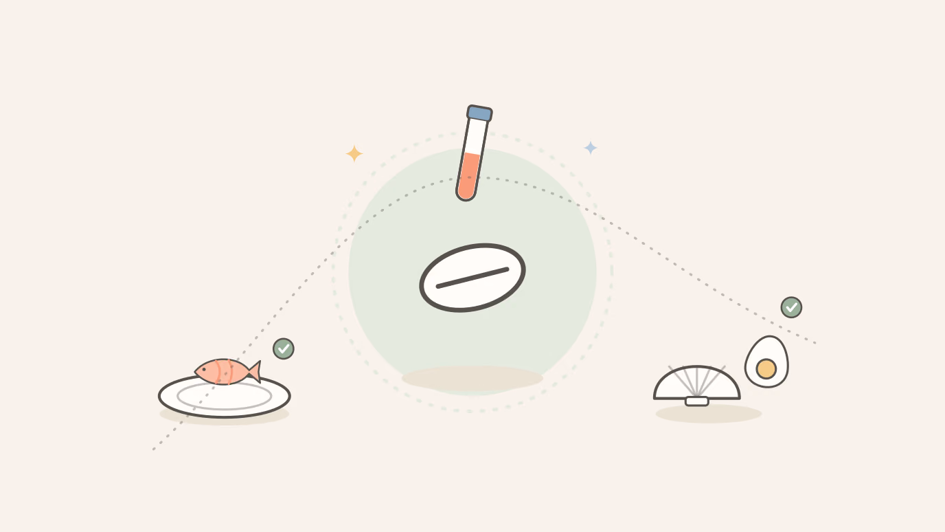 Flat illustration of a white metformin tablet and a blood test tube between a plate with fish and a clam with an egg, marked with green check badges