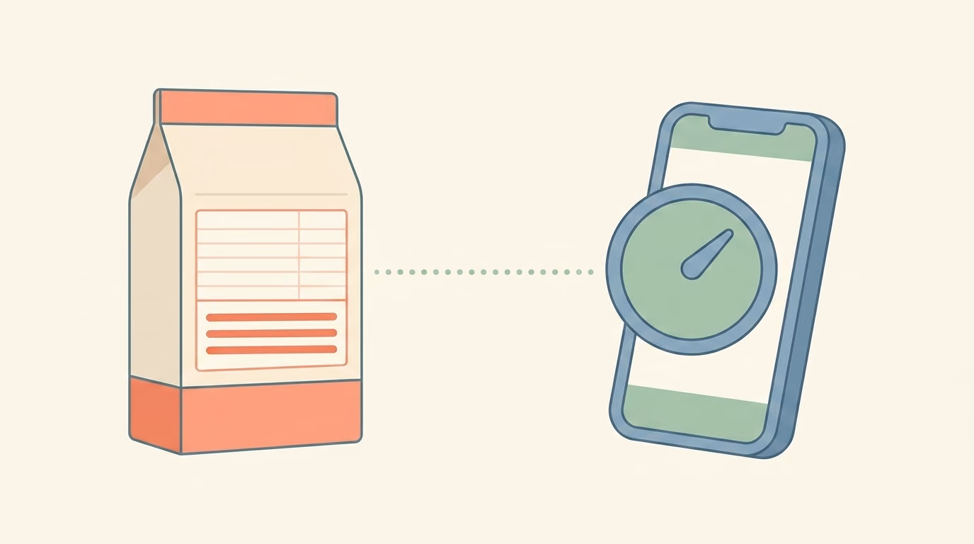 Flat illustration of a grocery package whose label panel is mostly empty rules, beside a phone showing a single unmarked dial