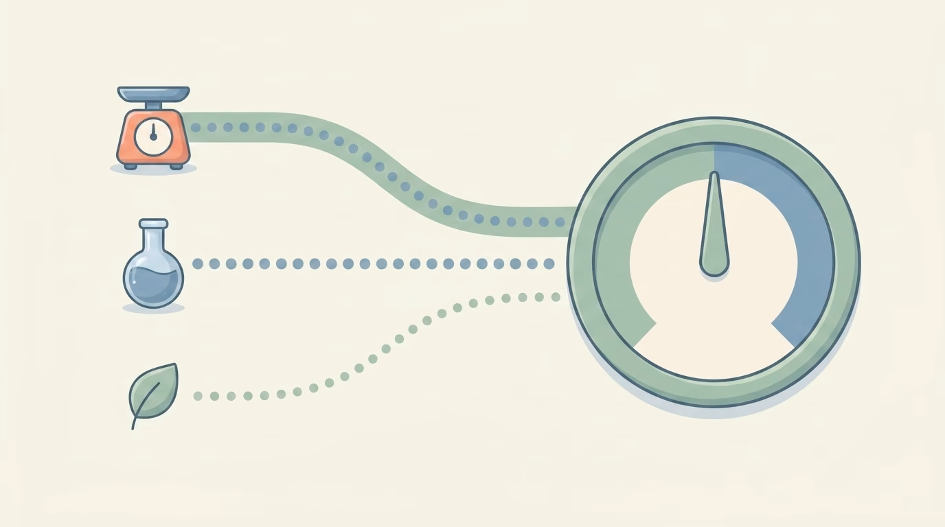 Flat illustration of three unequal dotted paths — from a kitchen scale, a flask and a leaf — converging on a single unmarked dial