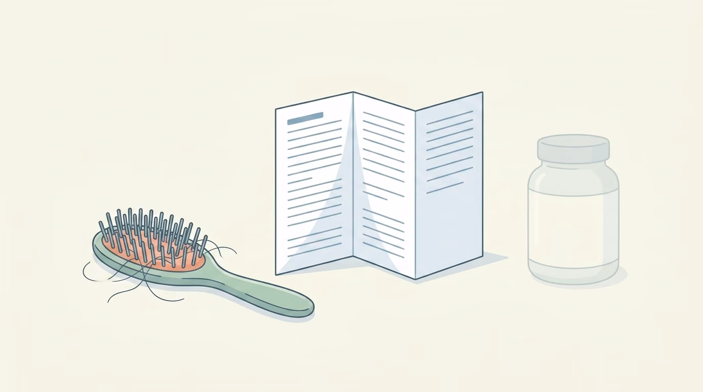 Flat illustration of a hairbrush beside a prescribing-information document, with a supplement bottle set apart to one side