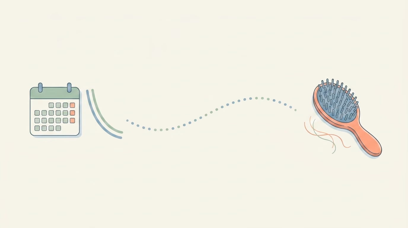 Illustration of a hairbrush and a calendar showing a gap of about three months between a period of rapid change and the shedding that follows it