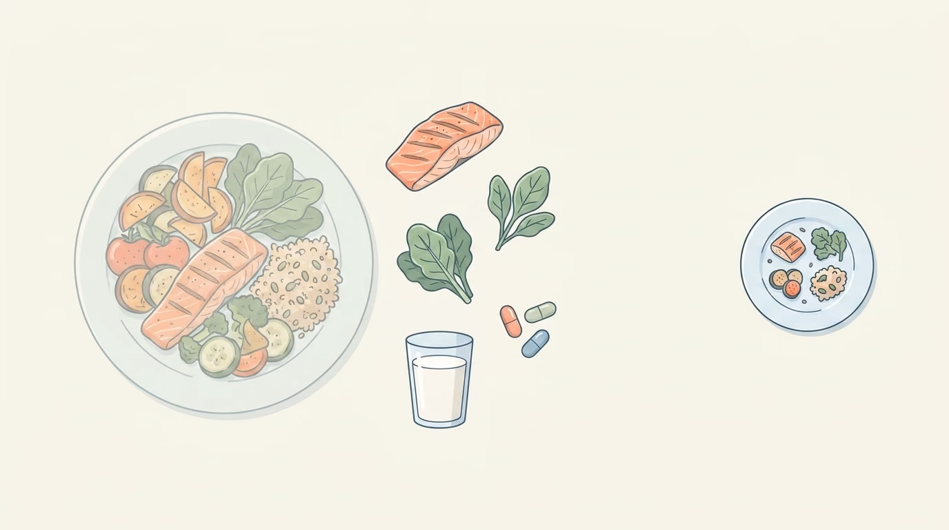Flat illustration of a small plate beside the fuller meal it replaced, with protein and produce shown separately as the foods most easily crowded out