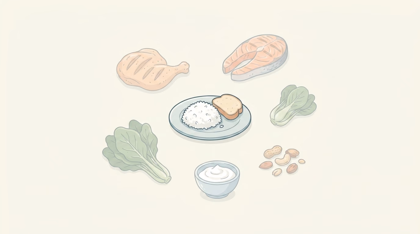 Illustration of a much smaller meal beside the fuller plate it replaced, with the nutrient-dense foods that were crowded out shown separately