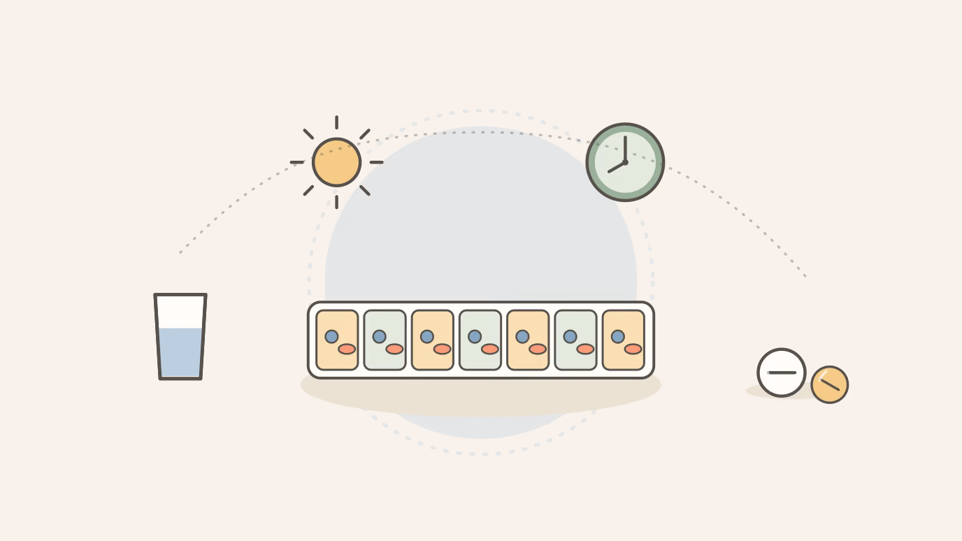 Flat illustration of a seven-day pill organizer with a sun, a clock, a glass of water and two tablets