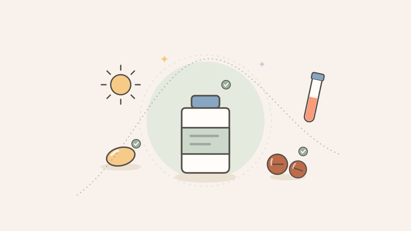 Flat illustration of a supplement bottle with a sun, a softgel, iron tablets and a blood test tube, marked with green check badges