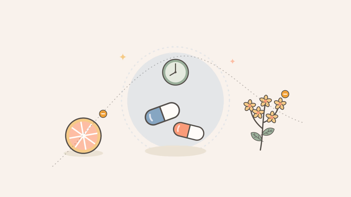 Flat illustration of two capsules and a clock between half a grapefruit and a sprig of St John's wort, each marked with an amber limit badge