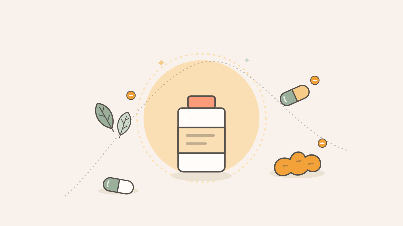Flat illustration of a supplement bottle surrounded by green tea leaves, a turmeric root and capsules, each marked with an amber limit badge