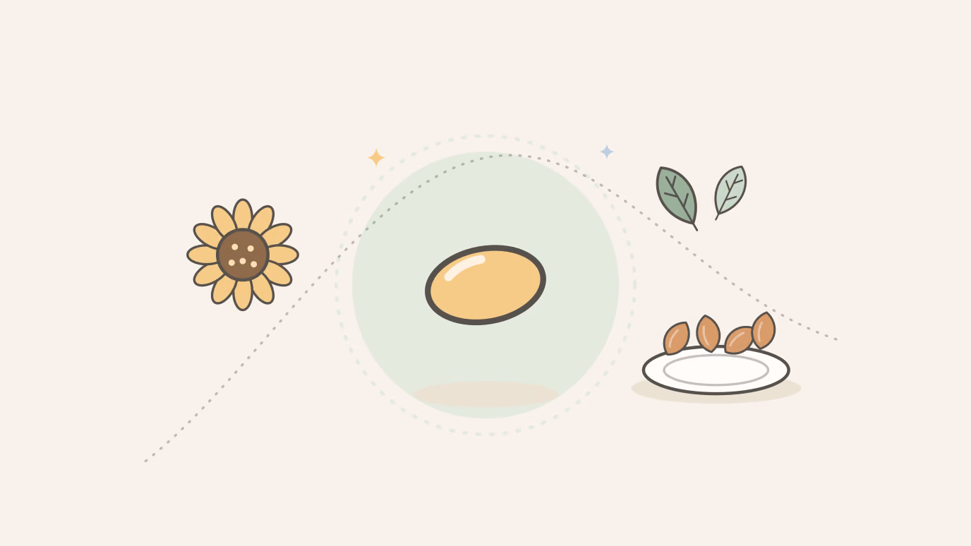 Flat illustration of a vitamin E softgel between a sunflower and a plate of almonds