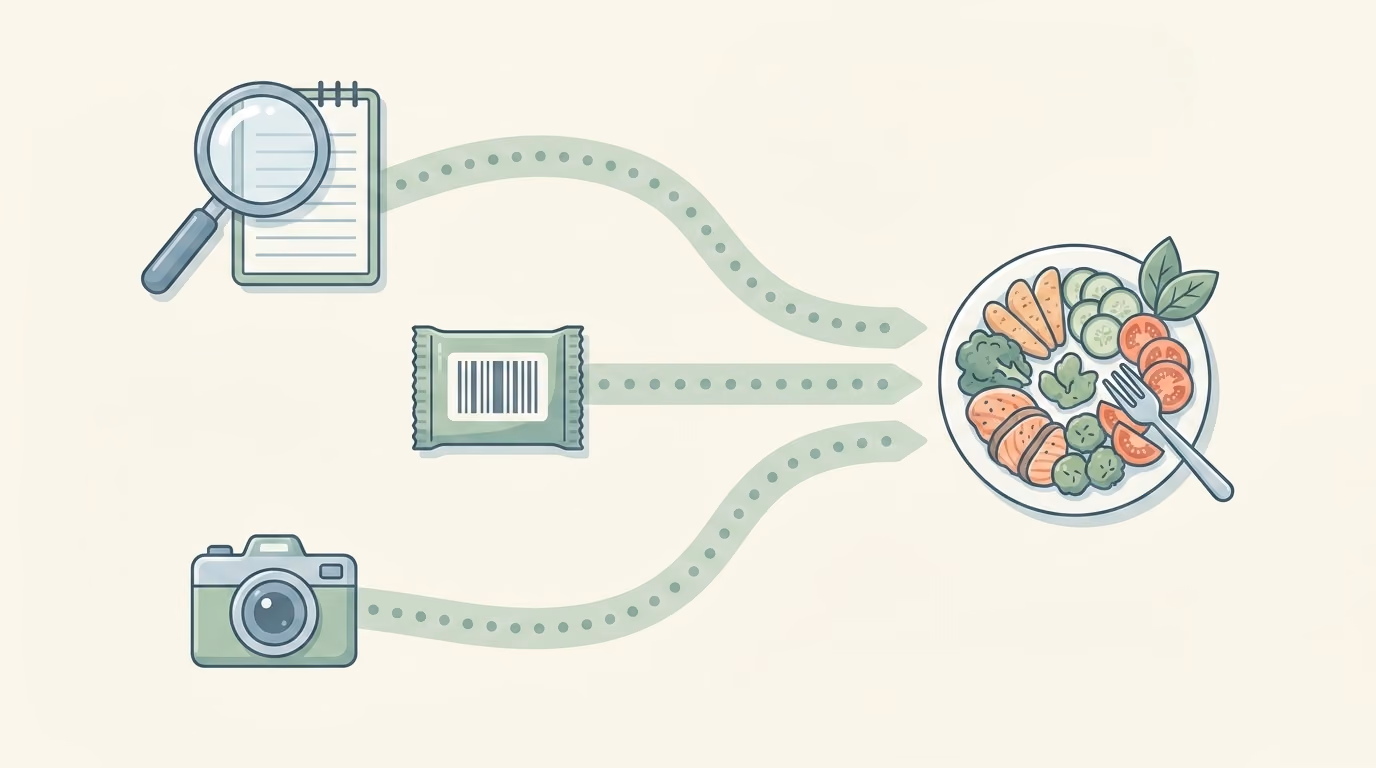 Illustration of three routes to the same plate of food: a database search, a barcode scan, and a photograph, drawn as separate paths