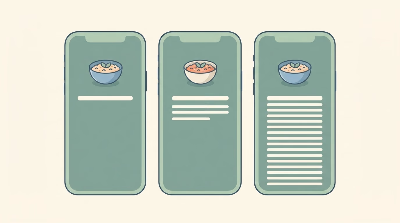 Flat illustration of several phones showing food logs side by side, each with a different number of nutrient rows beneath the meal