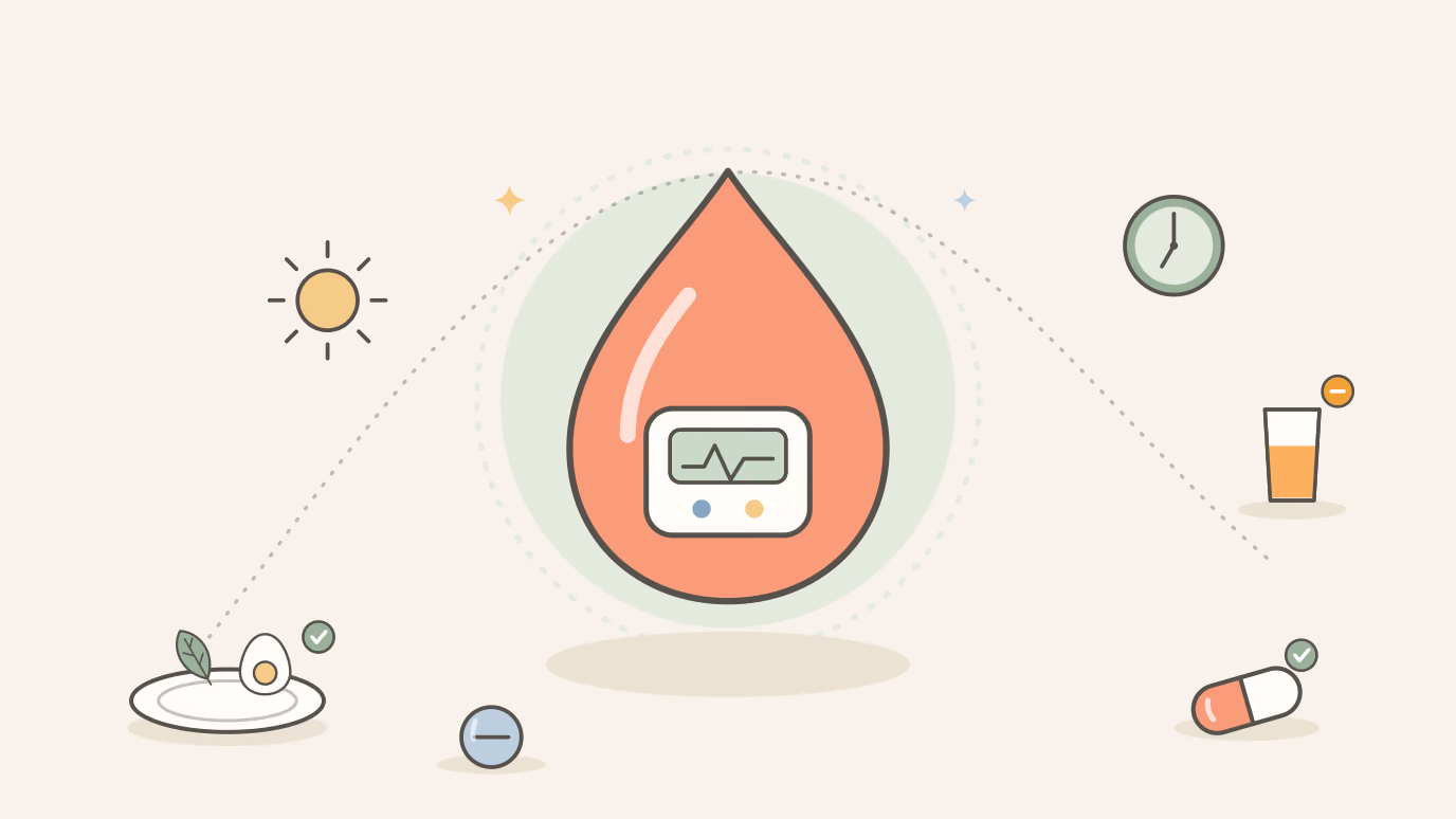Flat line illustration on a cream background of a coral blood-sugar drop holding a small glucose meter, surrounded by a plate with egg and greens and a capsule marked with green checks, a glass of juice marked with a red cross, a small tablet, a sun and a clock, joined by a dotted arc