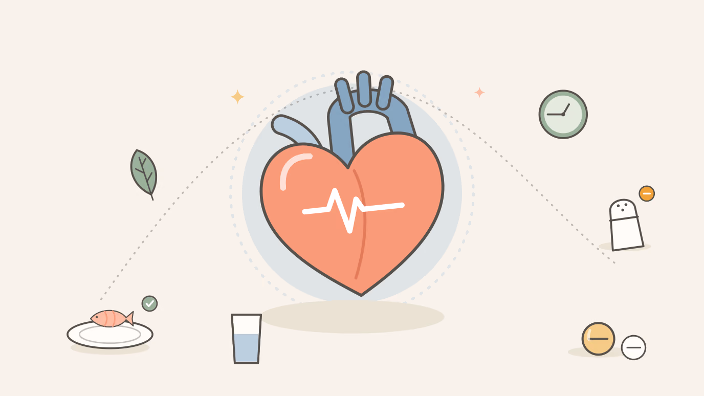 Flat line illustration on a cream background of a coral heart with a slate-blue aorta and a white heartbeat line, surrounded by a plate with fish and a leaf marked with a green check, a salt shaker marked with a red cross, a glass of water, two tablets and a clock, joined by a dotted arc