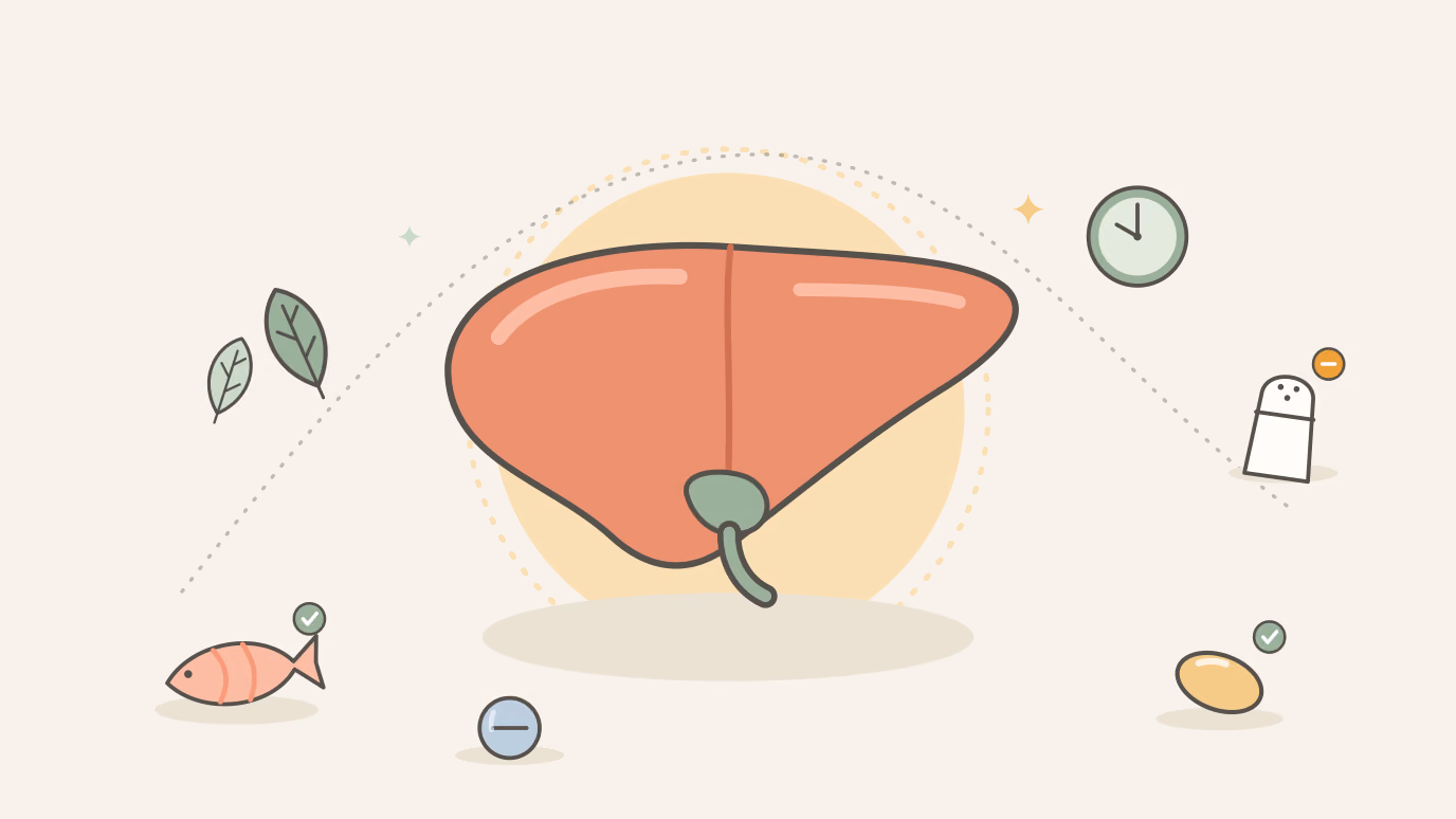 Flat line illustration on a cream background of a coral liver with a sage gallbladder on a butter-yellow circle, surrounded by a fish, leafy greens and a softgel with green check badges, a salt shaker with an amber limit badge, a small tablet and a clock, joined by a dotted arc