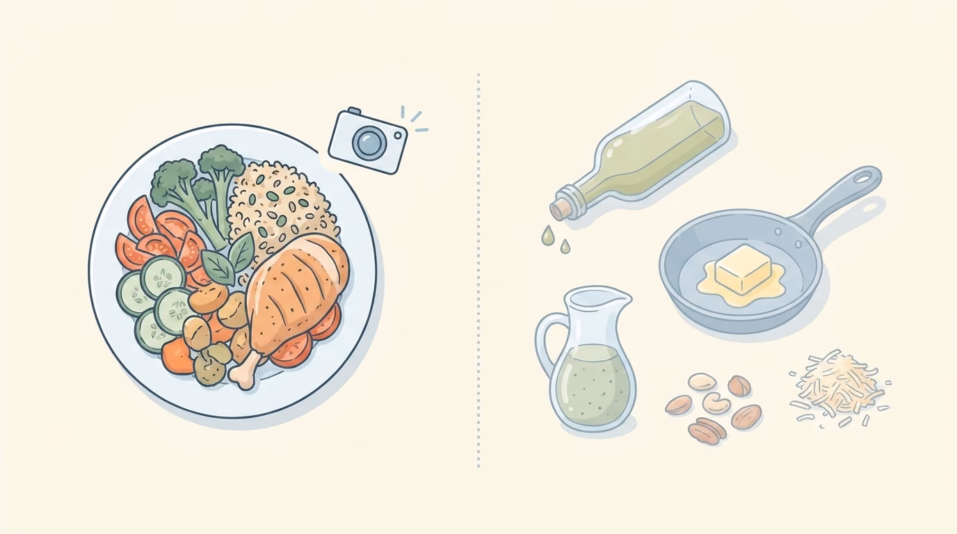 Illustration of a cooked meal on a plate beside the oil, butter and dressing that went into it during cooking, none of which is visible in the finished dish