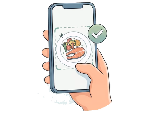 Tavita meal photo logging screen showing identified foods with a calorie and macro breakdown