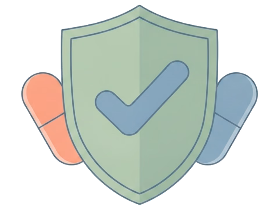 Flat illustration of a green shield with a check mark in front of two capsules