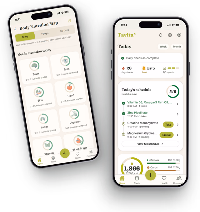Two iPhones running Tavita: the Body Nutrition Map showing what today's food gives each organ, and the Today dashboard with calories, macros, and hydration
