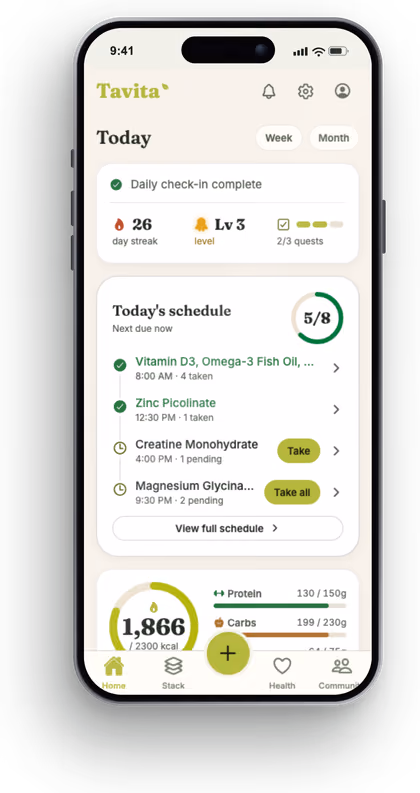 iPhone running Tavita's Today screen with six of nine doses taken, calories, macros, and hydration