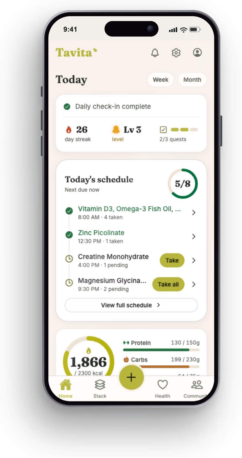 Tavita Today screen showing the day's supplement schedule with doses marked taken or pending