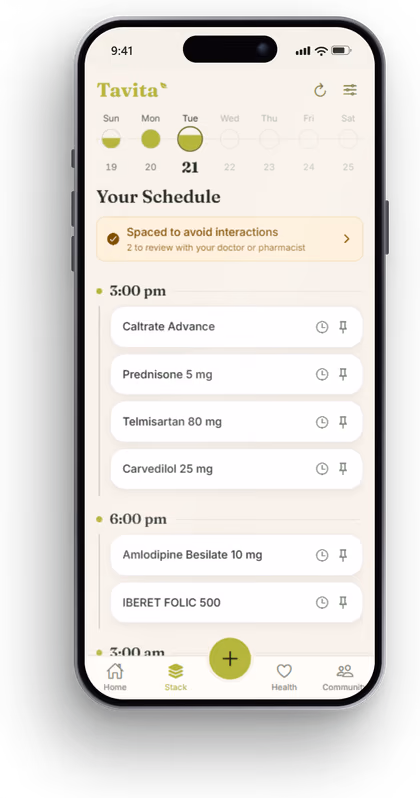 iPhone running Tavita showing the daily supplement schedule, spaced to avoid interactions, with dose groups at 3pm and 6pm