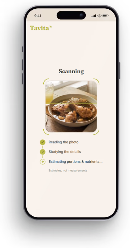iPhone running Tavita scanning a meal photo — reading the photo, studying the details, estimating portions and nutrients
