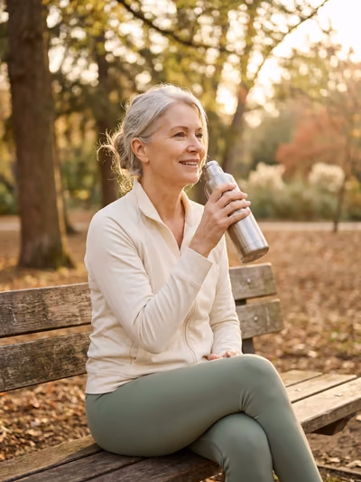 A woman in her late fifties drinking water on a park bench after an evening walk in golden-hour light