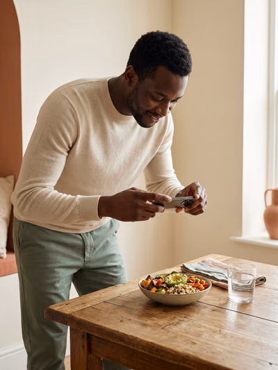 A man photographing his healthy grain bowl with his phone at a wooden dining table