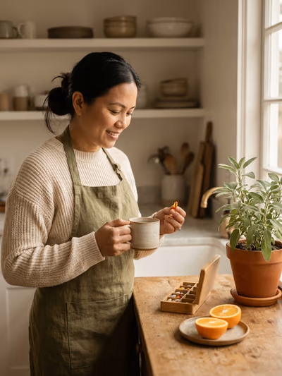 A woman in her kitchen in the morning taking her vitamins with a glass of water, a weekly pill organizer on the counter