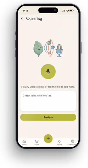 Tavita voice logging screen transcribing a spoken meal into a food log