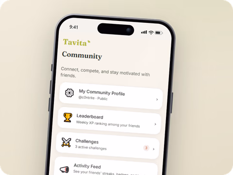 Tavita community screen with challenges, leaderboard, activity feed, and friends