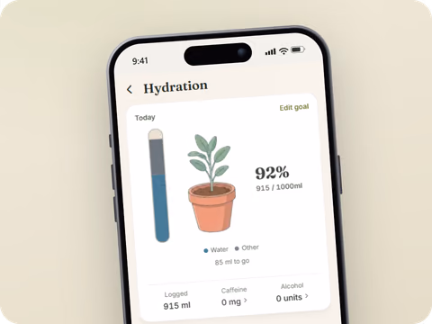 Tavita hydration screen where a potted plant grows as you log water through the day